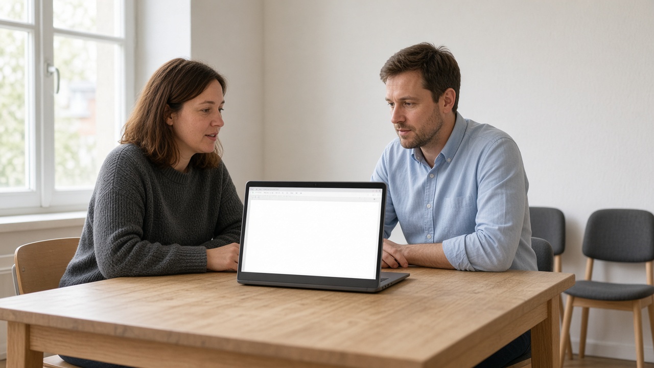Zwei Personen am Tisch mit einem Laptop
